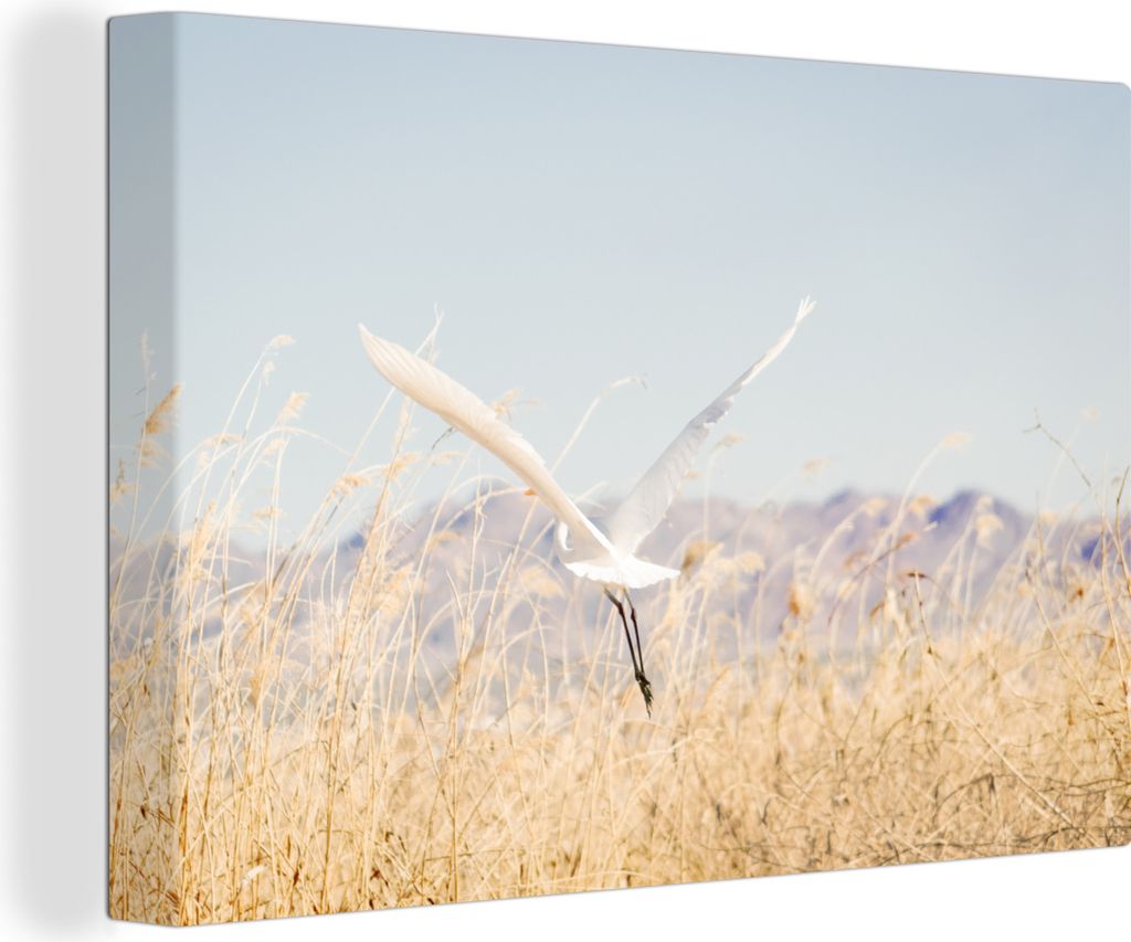 OneMillionCanvasses - Leinwandbilder - 140x90 cm, Silberreiher fliegt weg, Wandbilder Kunstdruck Wanddekoration