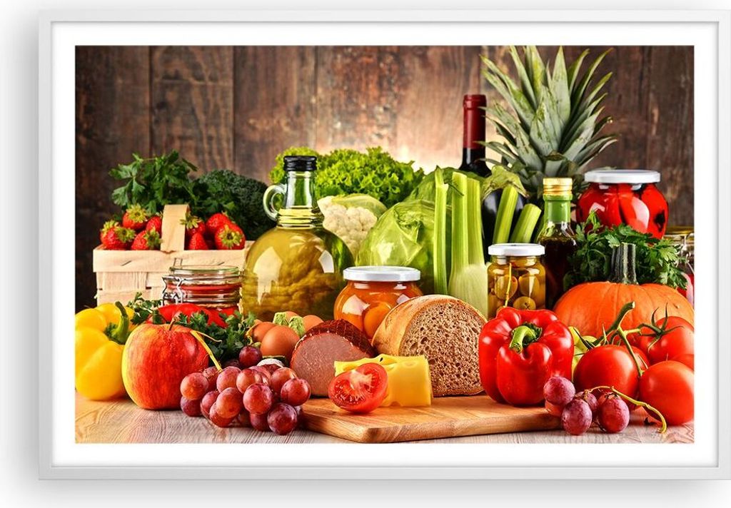 Gerahmtes Poster - Weißer Rahmen - Lebensmittel Gemüse Brokkoli Fleisch - 91,5x61 cm - Wand Bild - Wanddeko - Wandbilder - Wandposter - Bilderrah...