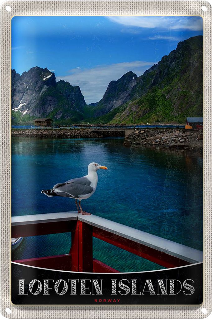Blechschild Reise 18x12cm Lofoten Island Norwegen Fluss Häuschen