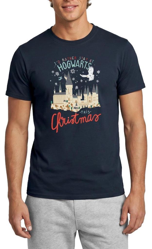 Spreadshirt Harry Potter Lieber In Hogwarts Bleiben Weihnachten Männer T-Shirt, M, Navy