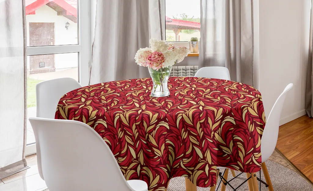 Tovaglia Antimacchia Rotonda ABAKUHAUS 150cm - Foglie Rubino e Beige