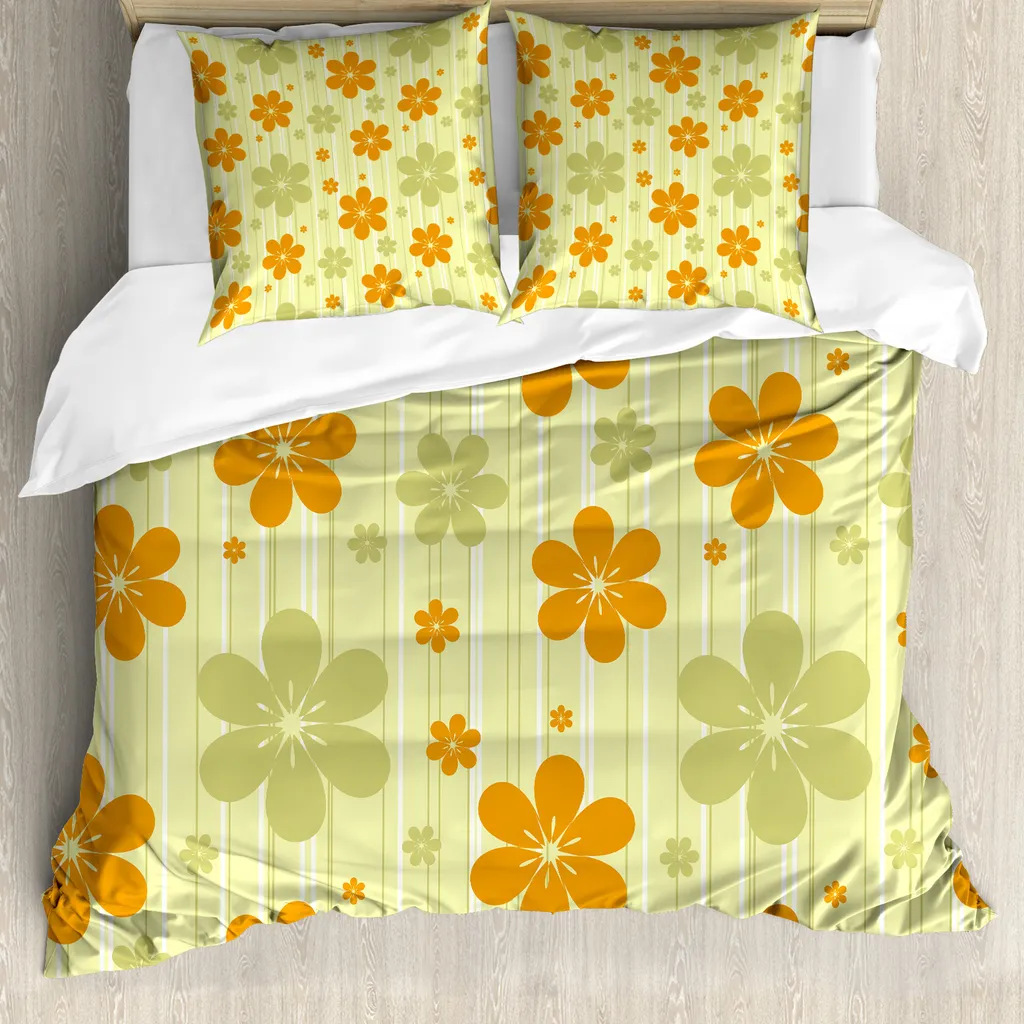 ABAKUHAUS Copripiumino con motivi floreali, grafica retrò, antiacaro, adatto a chi soffre di allergie, con federe, 155 cm x 220 cm - 80 x 80 cm, verde pallido arancione