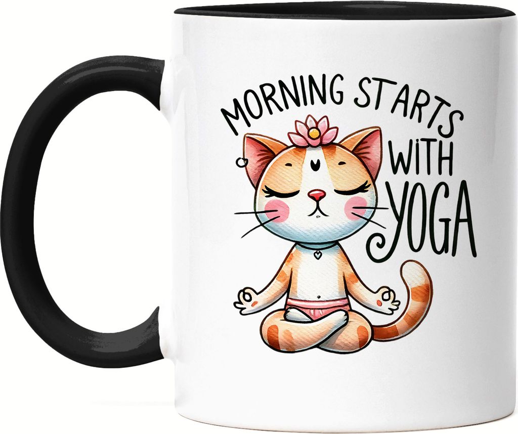 Morning Starts with Yoga Tasse Schwarz Geschenkidee für Yoga-Fans und Katzenliebhaber