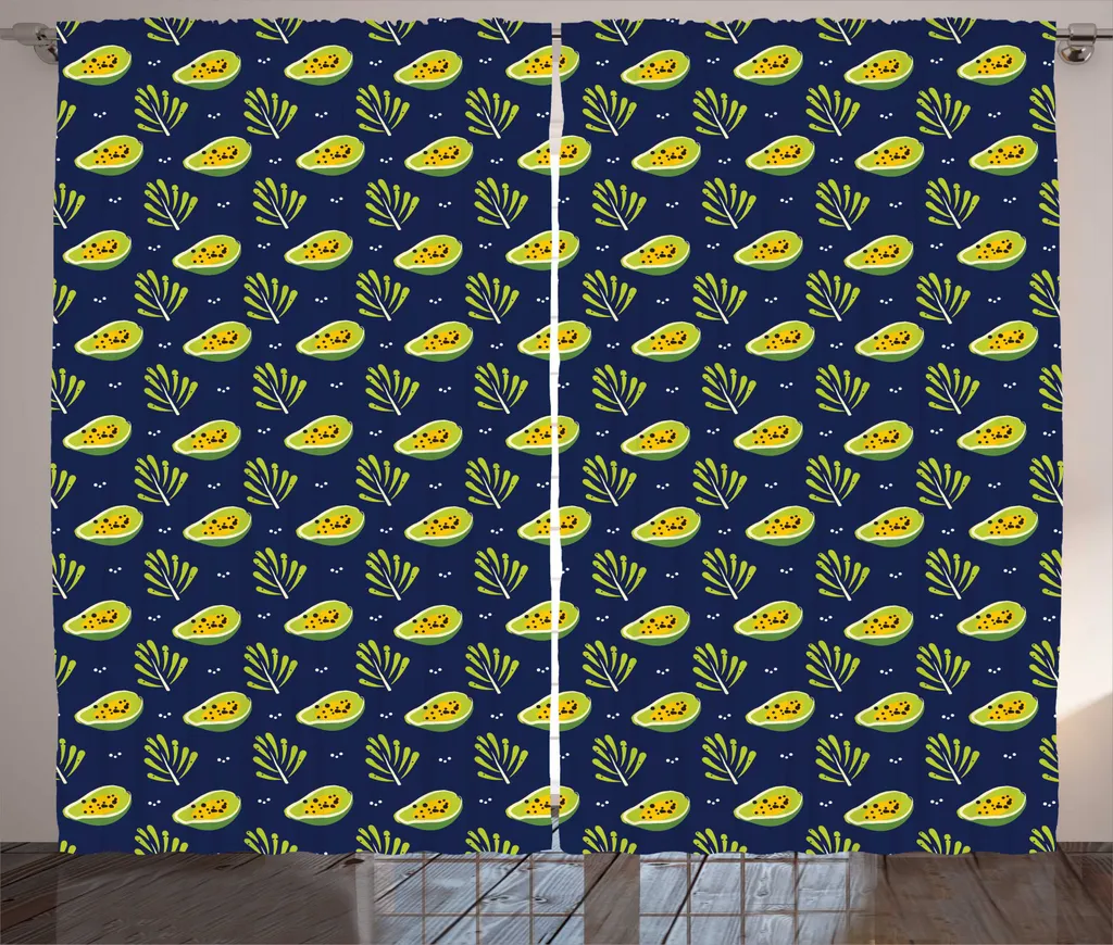 Rideaux Universels pour Salon Motif Papaye Indigo et Vert 280x225 cm
