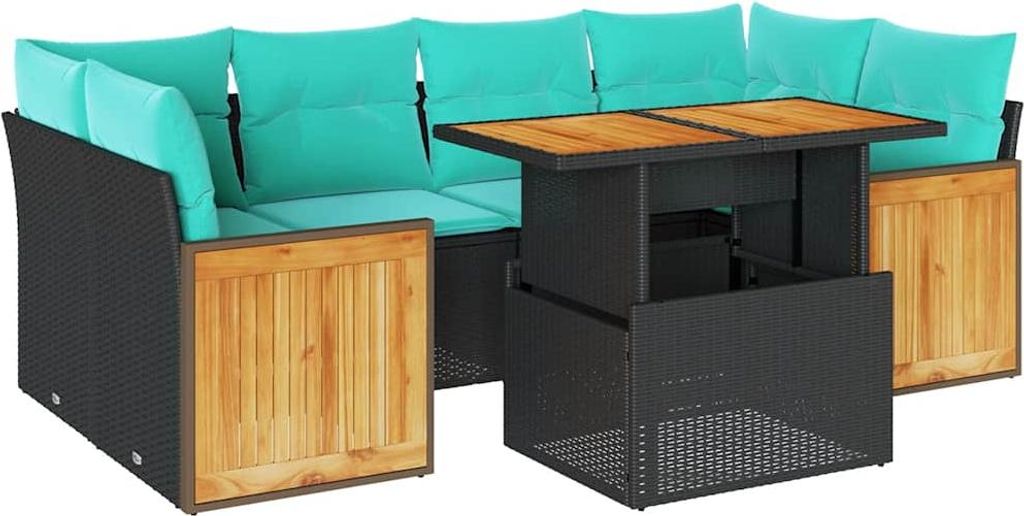 7-tlg. Garten-Sofagarnitur mit Kissen Schwarz Poly Rattan