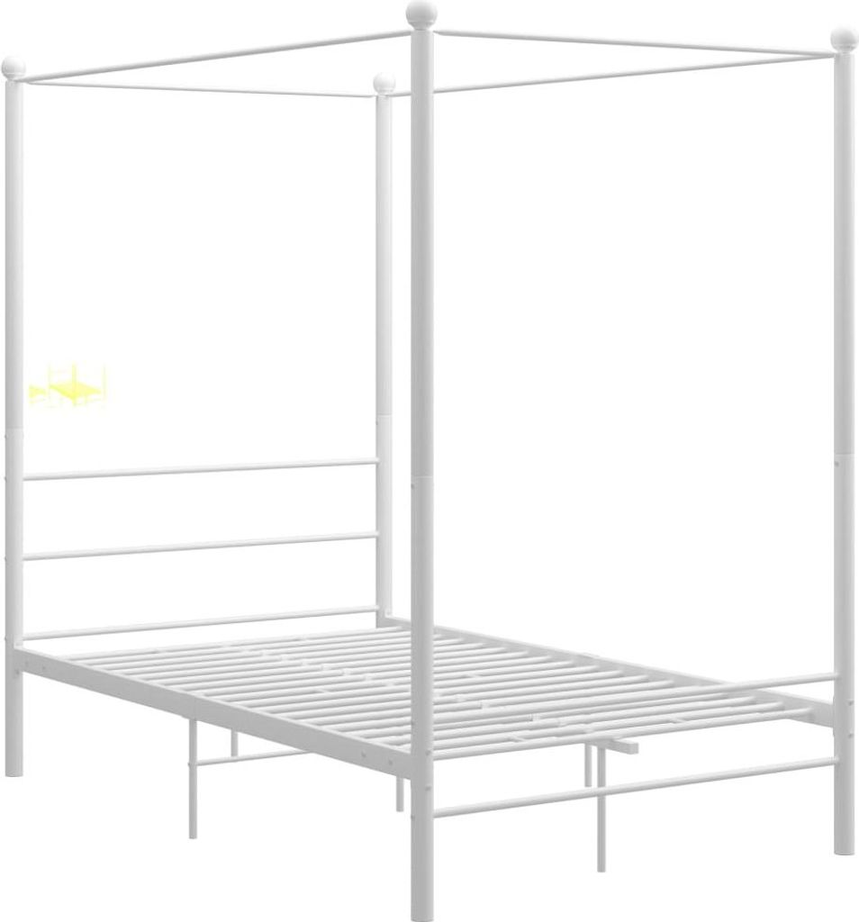 A white metal four-poster bed frame.