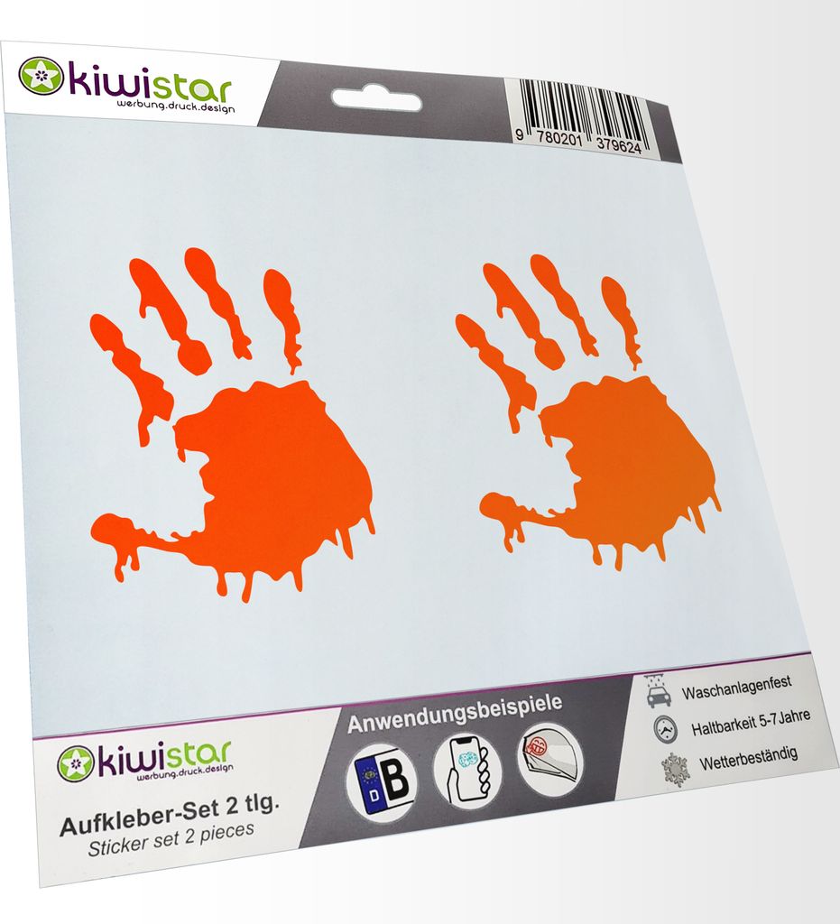 Kiwistar - 2x Kennzeichenaufkleber - neonorange - 21 mm Zombie Hand - Horro Hand Aufkleber für Auto, Laptop, Fahrrad, LKW, Motorrad Mehrfarbig JDM...