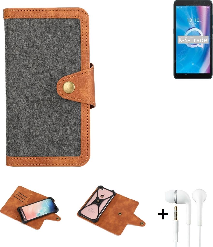 K-S-Trade Handyhülle + Kopfhörer kompatibel mit Alcatel 1B (2020) Schutzhülle Filzhülle Kunstleder dunkelgrau braun (1x)