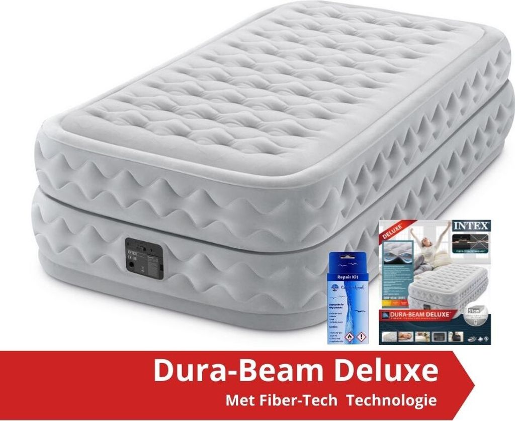 Intex Supreme Air-Flow - Luftmatratze - Einzel - Mit Reparaturset und eingebaute Pumpe - 191x99x51 cm - PVC - Hellgrau