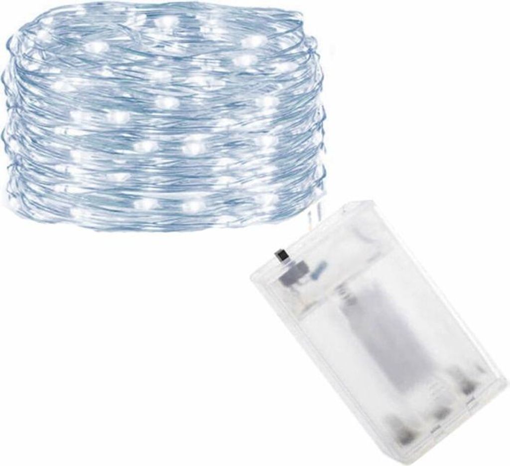 A coiled string of white LED lights with a clear battery pack.