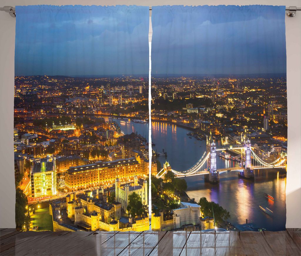 ABAKUHAUS Modern Rustikaler Gardine, Sonnenuntergang am London City, Schlafzimmer Kräuselband Vorhang mit Schlaufen und Haken, 280 x 175 cm, Blaug...