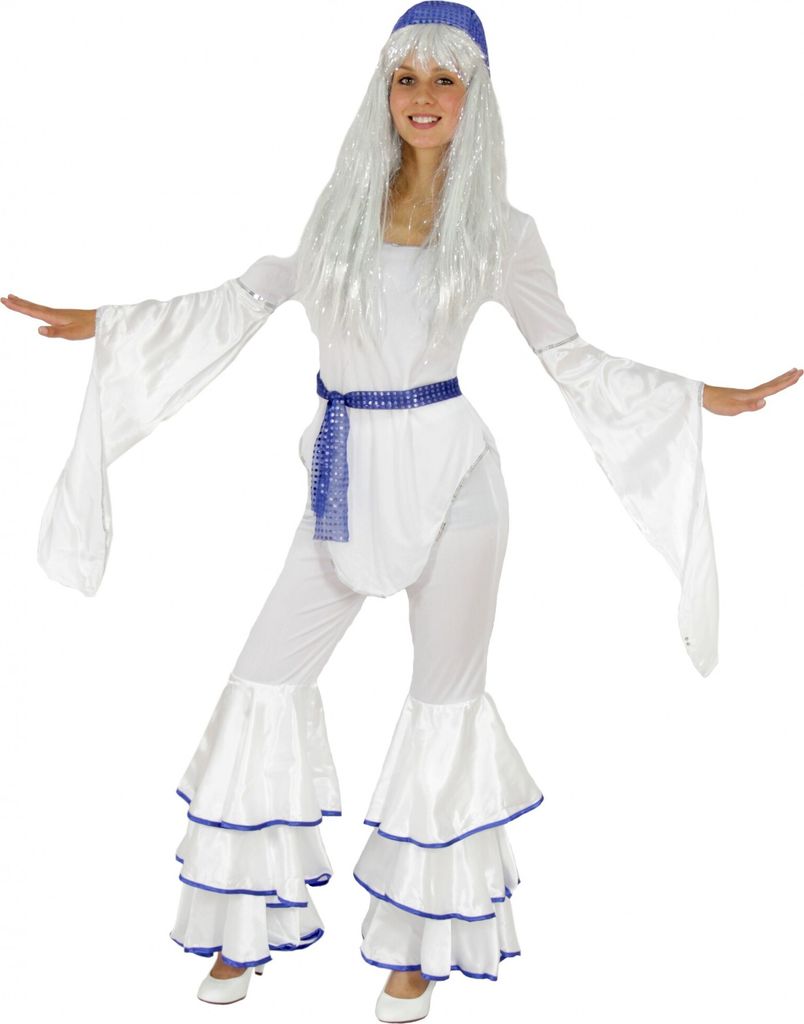 A woman wearing a 70s-style disco costume.