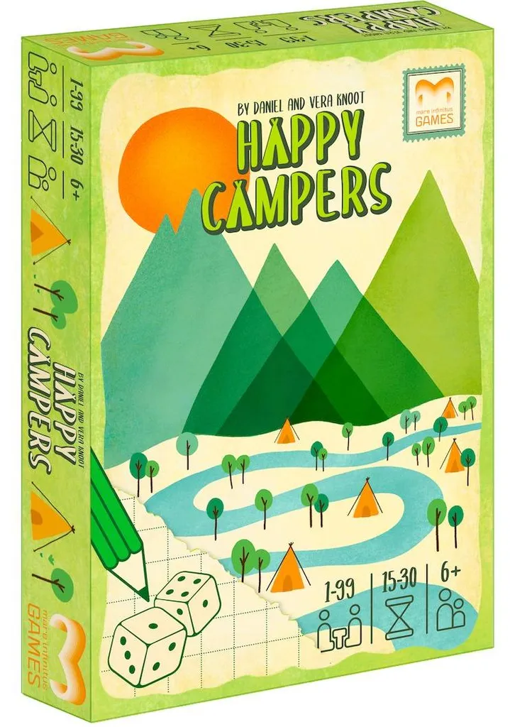 Jeu de dés Happy Campers Mare Infinitus Games Mécanique Roll Write