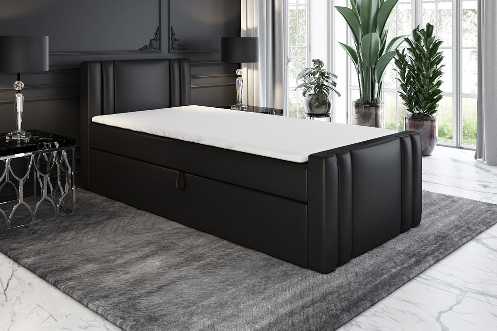 Boxspringbett, Jugendbett KLAUS 80x200 (Links) mit Bettkästen, Bonell-Matratze und Topper. Farbe: Schwarz
