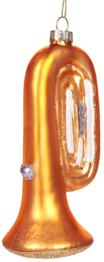 A glass Christmas ornament shaped like a tuba, hanging from a gold chain.