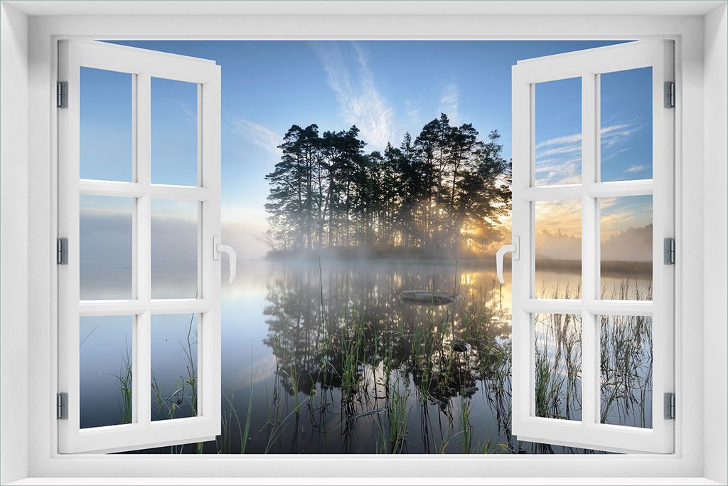 Wallario Wandbild aus Acryl, 60 x 90 cm, freischwebende Optik - Stiller See mit Insel im Morgennebel mit Fenster-Illusion