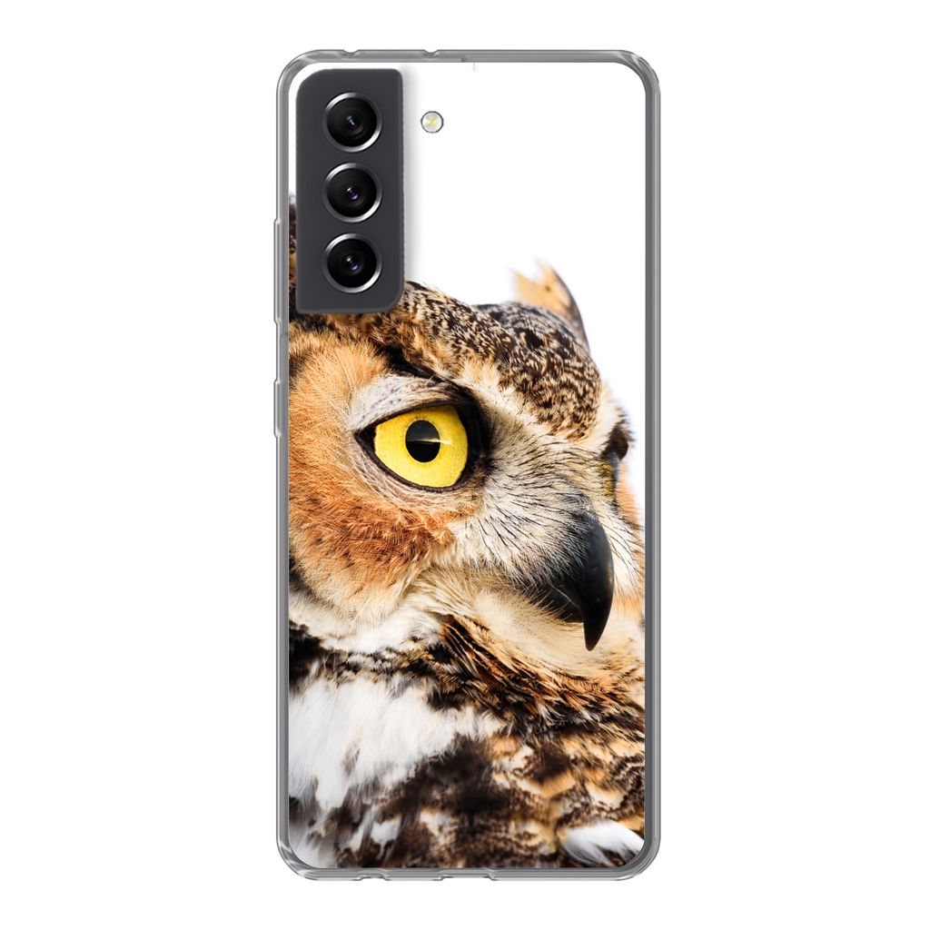 MuchoWow Handyhülle Schutzhülle Hülle für Samsung Galaxy S21 FE Braune Eule mit weißem Hintergrund Silikon Softcase Handy Hülle - Mobiltele...
