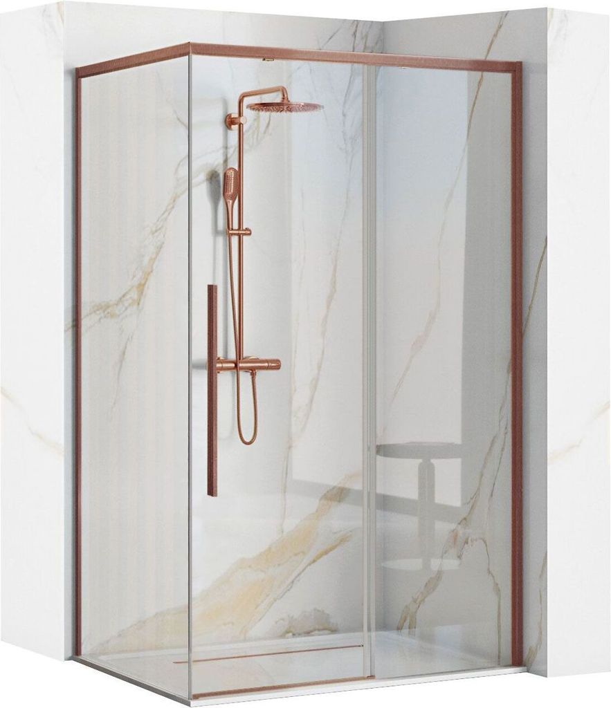 A corner shower cabin with a copper frame and shower fixtures, set against a marble-tiled wall.