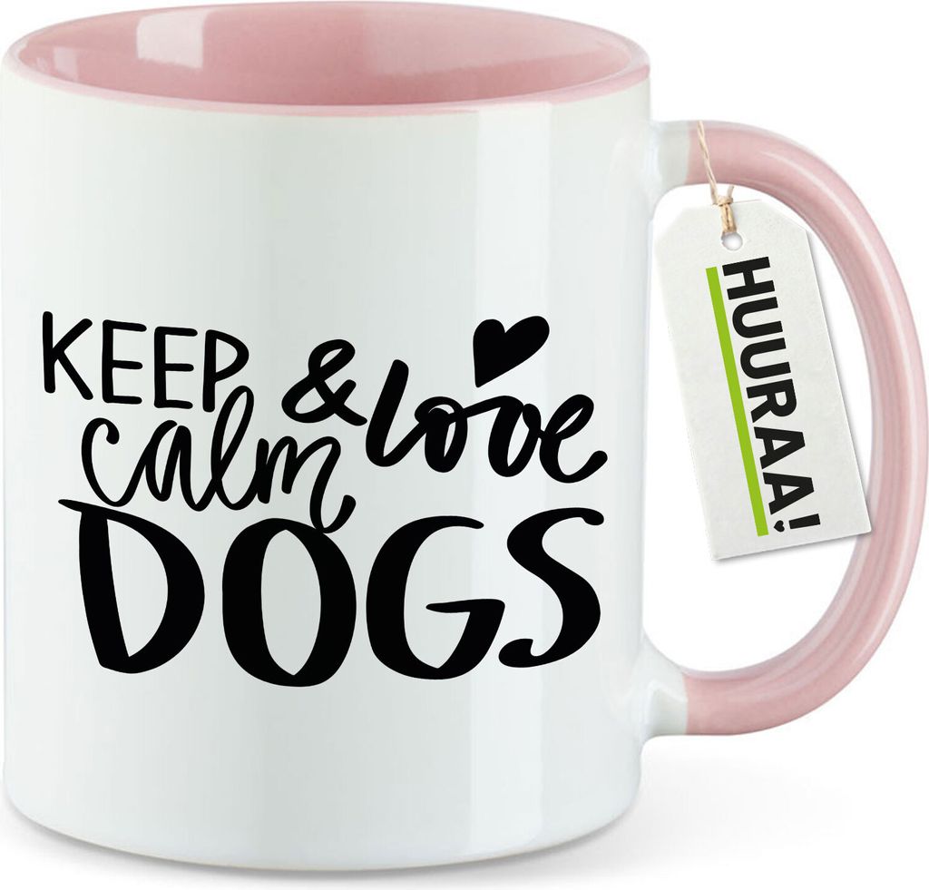 Huuraa Kaffeetasse Keep calm and love Dogs 330ml Rosa Keramik Kaffeebecher Geschenkidee