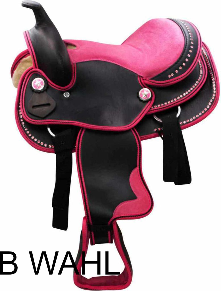 AMKA Pony/Shetty Westernsattel PEDRO in pink mit Strasssteinen Steigbügel und Riemen, 10zoll BWAHL