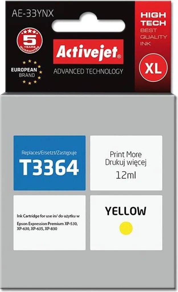 Encre Jaune pour Imprimante Epson remplace 33XL T3364 Activejet AE-33YNX 12ml