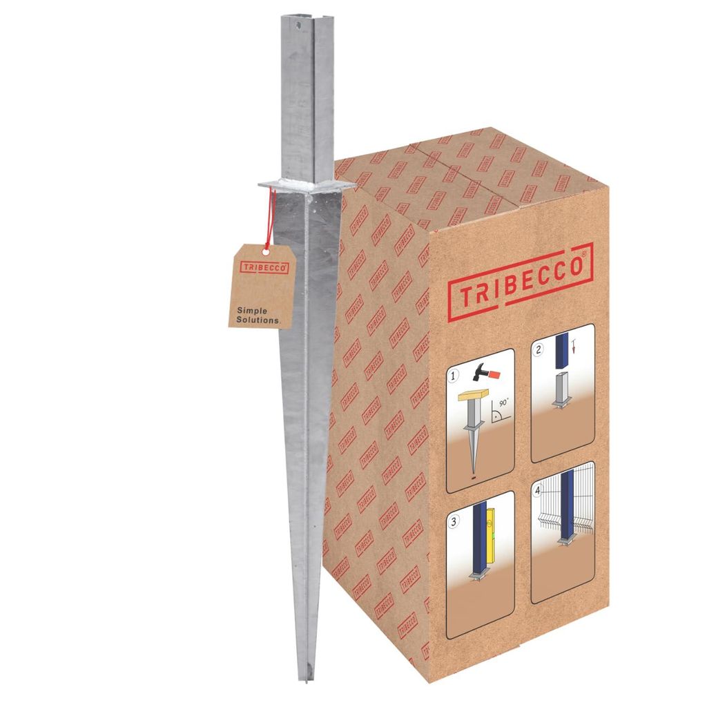 TRIBECCO Einschlagbodenhülse, Pfostenträger für Zaunpfosten 60x40, Zaun-Nagel, Verstellbare Einschlaghülse 50 cm Doppelstabmattenzaun für Pf...
