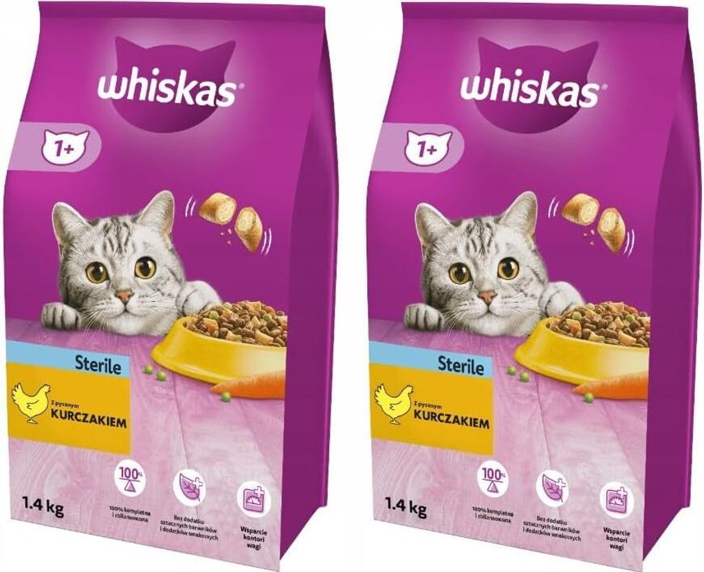 Whiskas Adult 1+ Sterile Katzentrockenfutter mit Huhn, 2 Beutel, 2x1,4kg