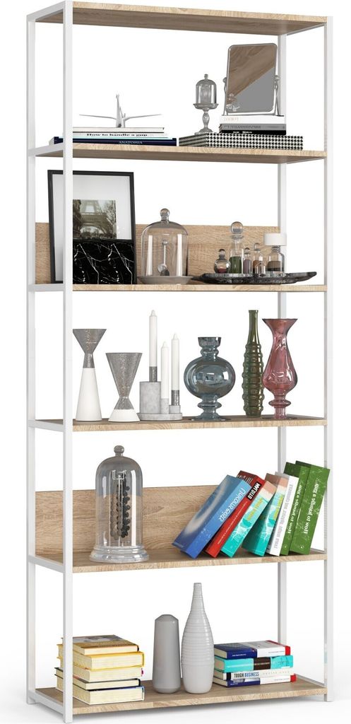 Bücherregal AKORD Metallregal mit Ebenen aus Holzwerkstoff Weiß Breite 80 cm 6 Ebenen Sonoma-Eiche B80 x H192 x T32 cm