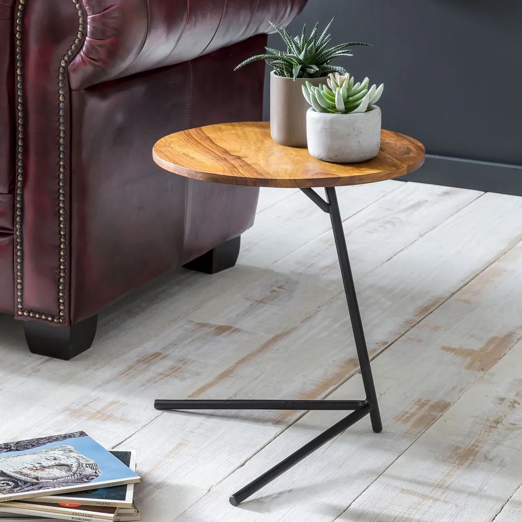 FineBuy Tavolino Rotondo Salvaspazio 40x46 cm Legno Massiccio e Ferro