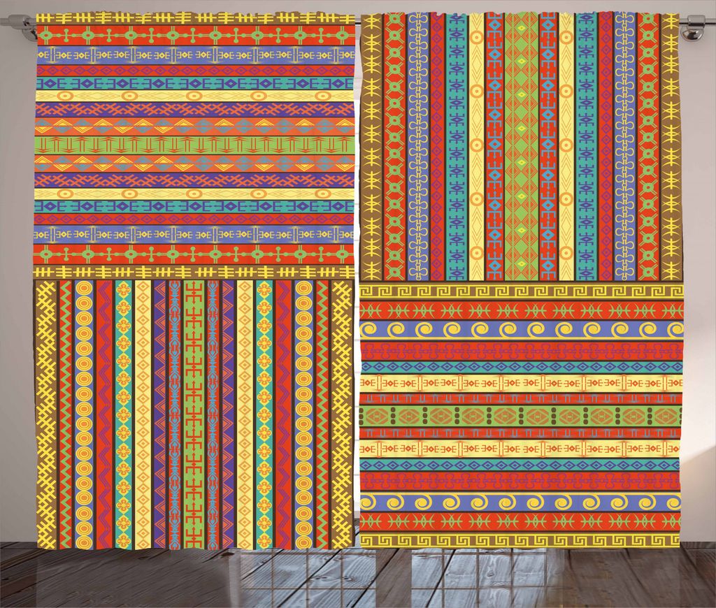 ABAKUHAUS Afrika Rustikaler Vorhang, Artwork Borders, Wohnzimmer Universalband Gardinen mit Schlaufen und Haken, 280 x 245 cm, Mehrfarbig