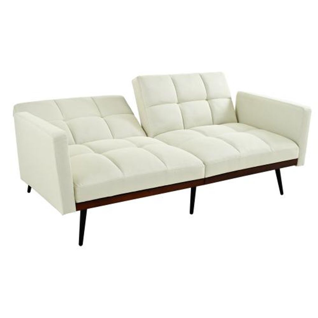 Mid-Century Futon-Couch im Leinen-Mix, 146 cm breit, 5-fach verstellbare Rückenlehne, fixe Armlehnen, Metallbeine, Beige – Ideal für Wohnzimmer...