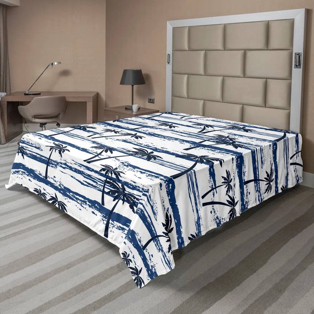 Drap de Lit Doux Anti-Friction Motif Palme Bleu pour Sommeil Réparateur