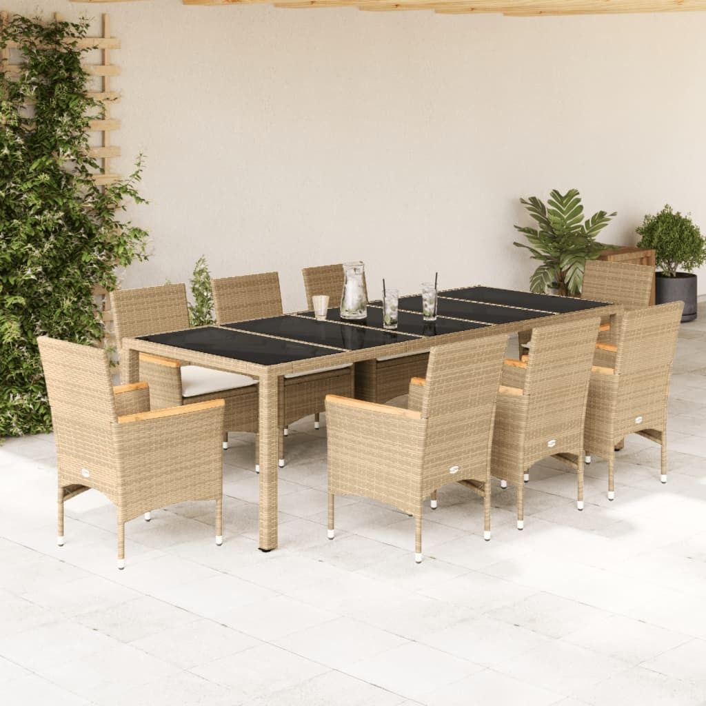 Maison Exclusive - 9-tlg. Garten-Essgruppe mit Kissen Beige Poly Rattan Glas
