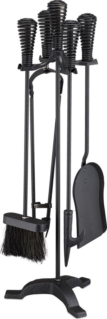 Set 5 Attrezzi Da Camino Relaxdays - Attizzatoio, Paletta, Scopa, Pinza, Supporto, Acciaio, Nero/Grigio