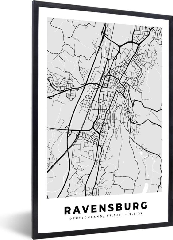 MuchoWow Gerahmtes Poster Karte - Deutschland - Ravenburg - Karte - Stadtplan 20x30 cm - Poster mit Schwarzem Bilderrahmen Wandposter Rahmen Foto...