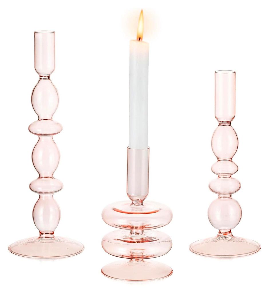 Kerzenständer aus Glas, 3er Set für Stabkerzen, Rosa Kerzenhalter, Moderner Kerzenständer für Esstischdekoration, Kerzenhalter für Weihnachten...