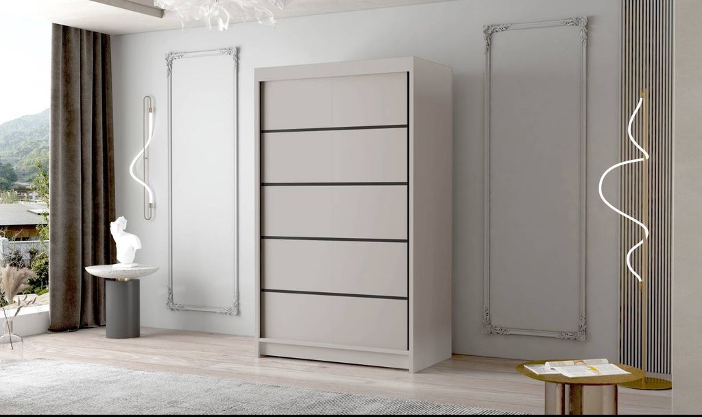 Schwebetürenschrank 2-türig Schrank 120 cm mit Regalen Moderne Kleiderschrank Garderobe für Kleidung Modell FALCO IV SCHWARZ / WEISS