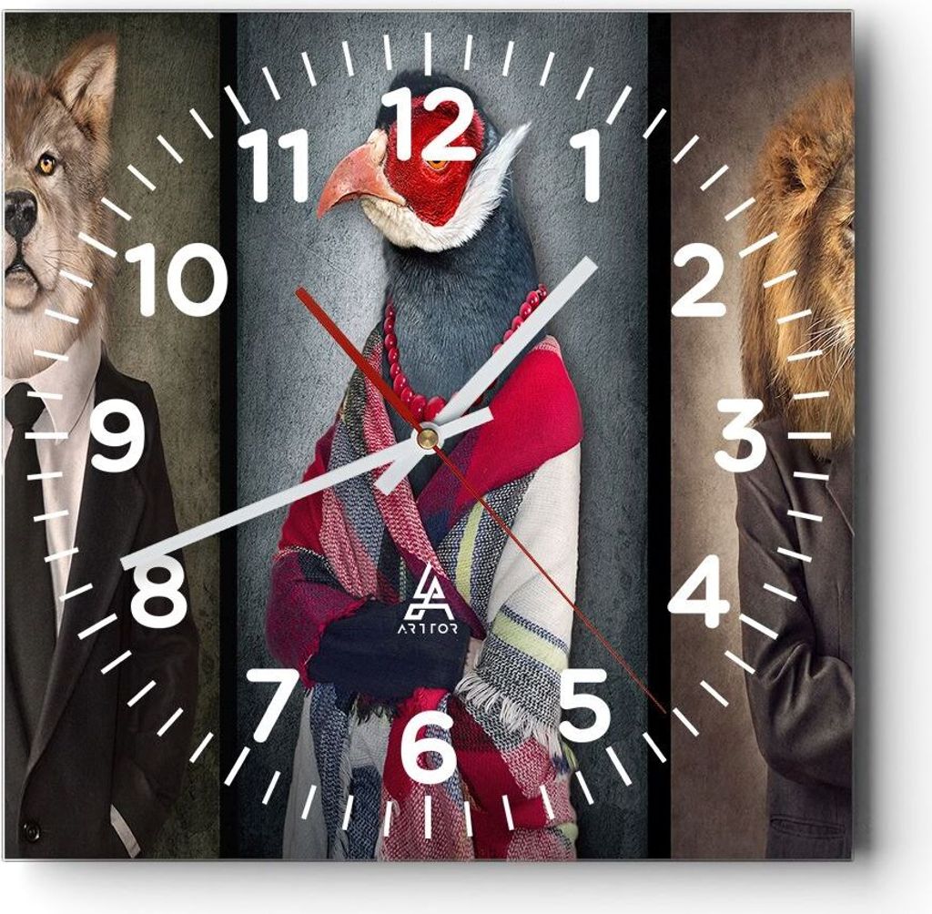 Wanduhr - Quadrat - Glasuhr - Tier Abstraktion - 30x30cm - Schleichendes Uhrwerk - Lautlos - zum Aufhängen bereit - Dekoration Modern - Wanddekora...