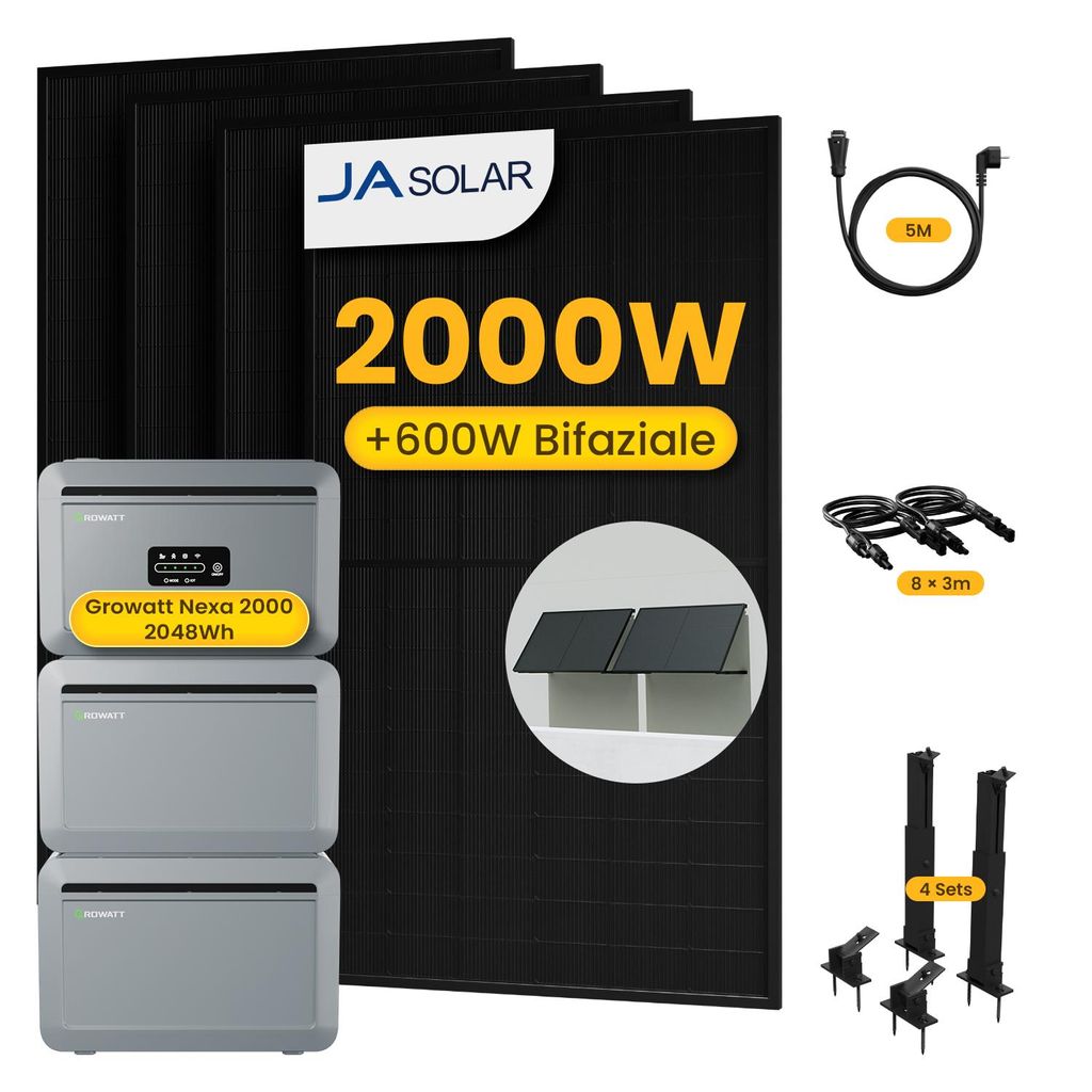 Powerness Balkonkraftwerk mit Speicher: Growatt NEXA 2000 Speicher und 2x NEXA2000E Erweiterungsakku, 4x JA Solar 500W Module & 4x Flachdach-Halterung