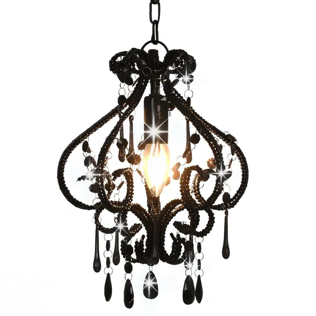 Lustre Plafonnier Rond Noir en Perles de Verre Style Chic pour Salon