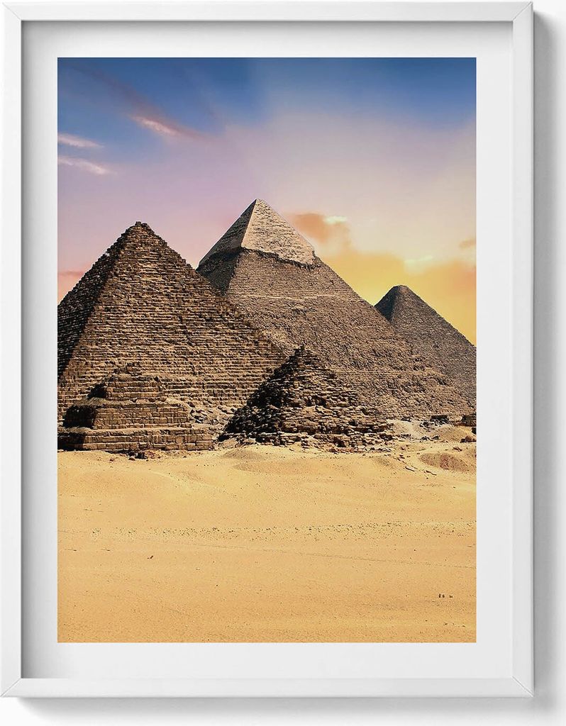 Ägyptische Pyramiden in der Wüste– Wandbild mit Rahmen – Gerahmtes Bild – Wanddekoration – 60x80 cm – Weiß Rahmen