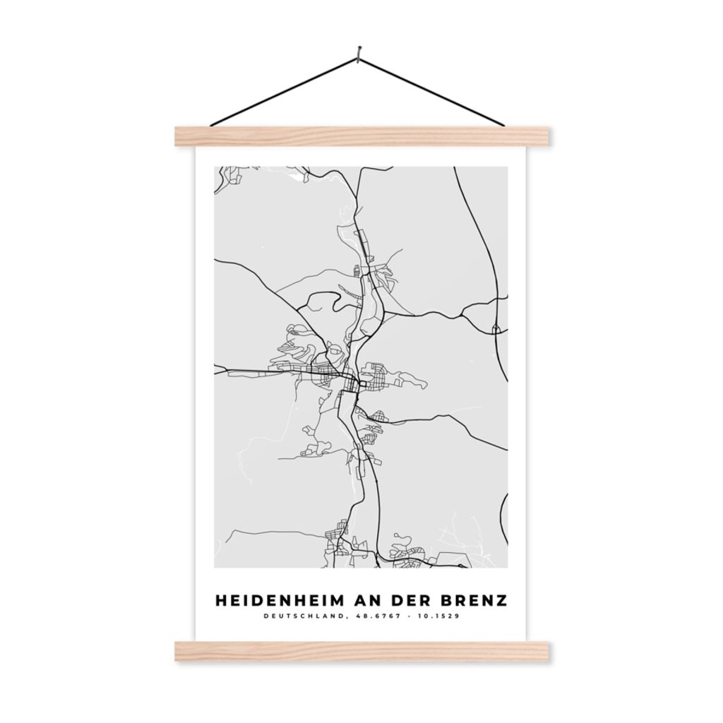 MuchoWow Textilposter Deutschland - Karte - Heidenheim An Der Brenz - Stadtplan - Wegbeschreibung 40x60 cm mit holzfarbenen Rahmen - Poster