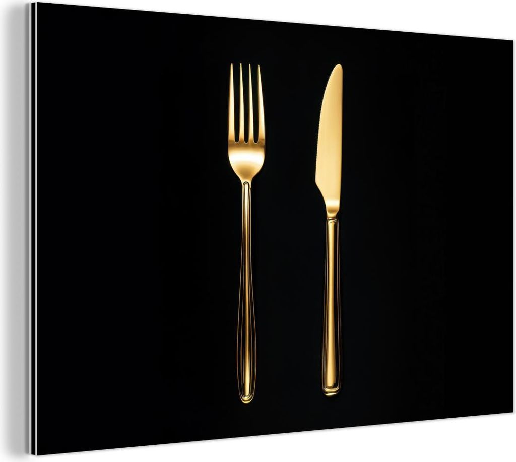 MuchoWow Wanddekoration Metall Metallbild Wandkunst 90x60 cm Besteck - Gold - Messer - Gabel MuchoWow Aluminium Gemälde - Wandbilder