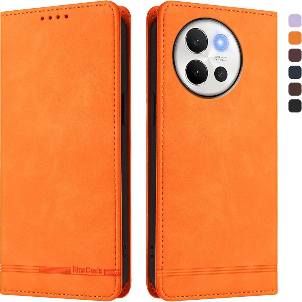Hülle für Vivo V30e / V40 Lite 5G, Retro Kunstleder Ständer Klapphülle mit Kartenfächer und Magnetische Orange
