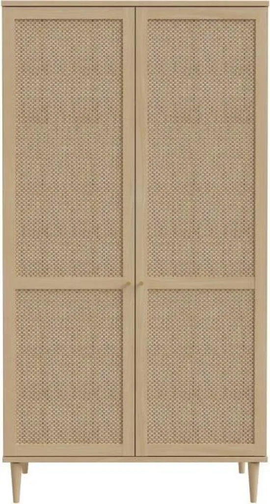 Armoire de chambre avec portes battantes décor chêne et cannage CALASETTA