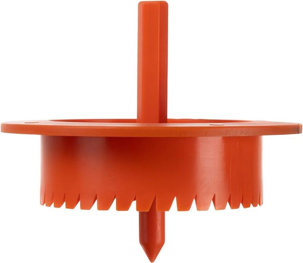 A close-up studio shot of an orange plastic tool.