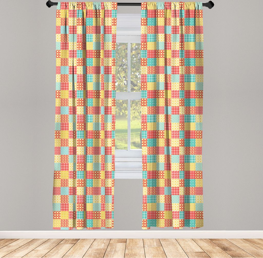 ABAKUHAUS Abstrakt Vorhänge, Gardinen, Patchwork-Art-Nachbildungative Herz-Blumen-Punkt-Streifen-Küchen-Design, 2 Stück 75 x 175 cm, , Mintgrün...