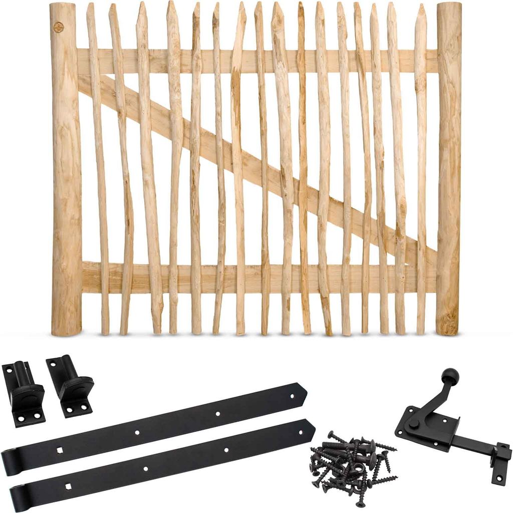 Classic Staketenzaun-Tor Set (schwarz) aus Edelkastanie, Breite 150 cm, Höhe 120 cm (genagelte Ausführung)