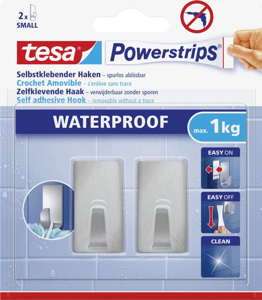 tesa Powerstrips Haken WATERPROOF Small Metall rechteckig 2 Haken + 2 Strips