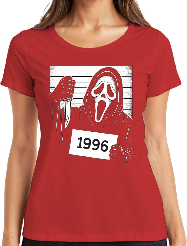 Scream Maske 1996 Halloween Horror Täterfoto Messer Vintage Retro Damen T-Shirt, Rot, S